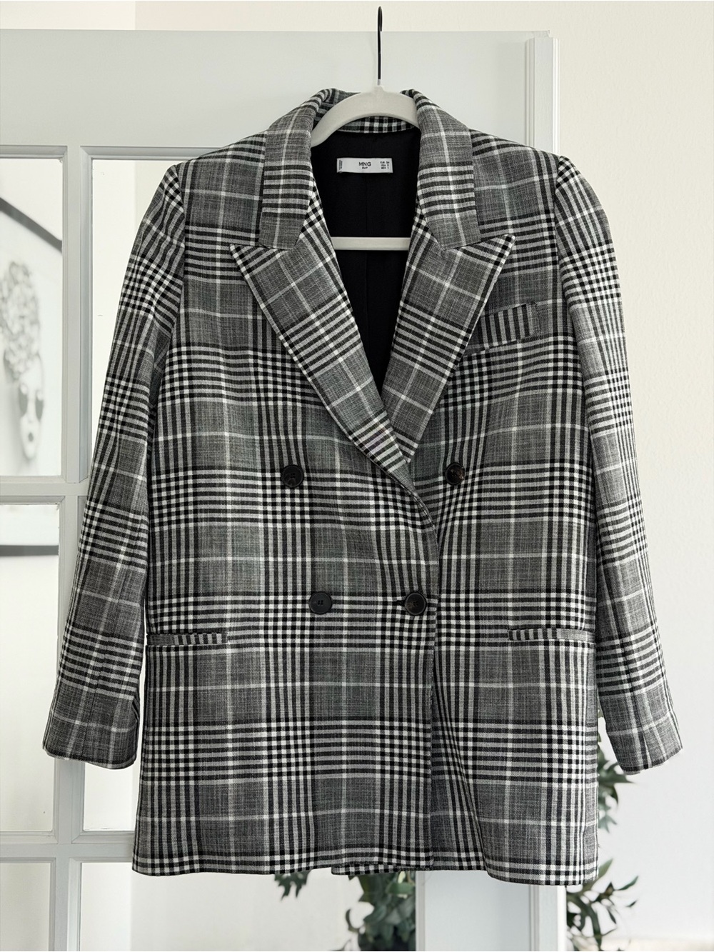 Mango Double-Breasted Plaid Blazer in Black & Gray